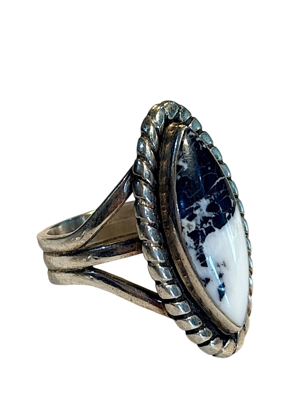 Vintage Native American White Buffalo Turquoise Sterling Silver Marquise Ring - Picture 6 of 8